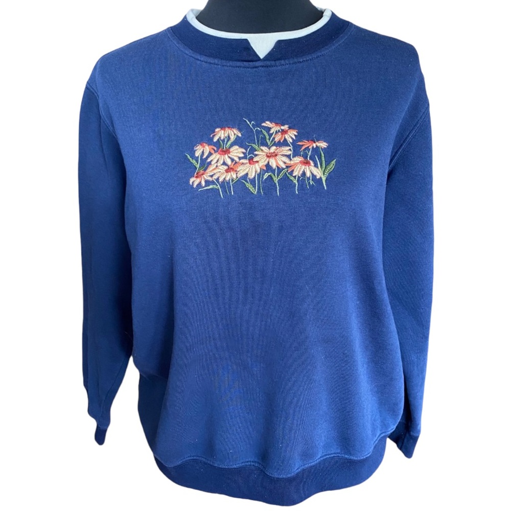 Vintage 90s Embroidered Crewneck Sweater Navy Blue Yellow Flowers Women’s Large